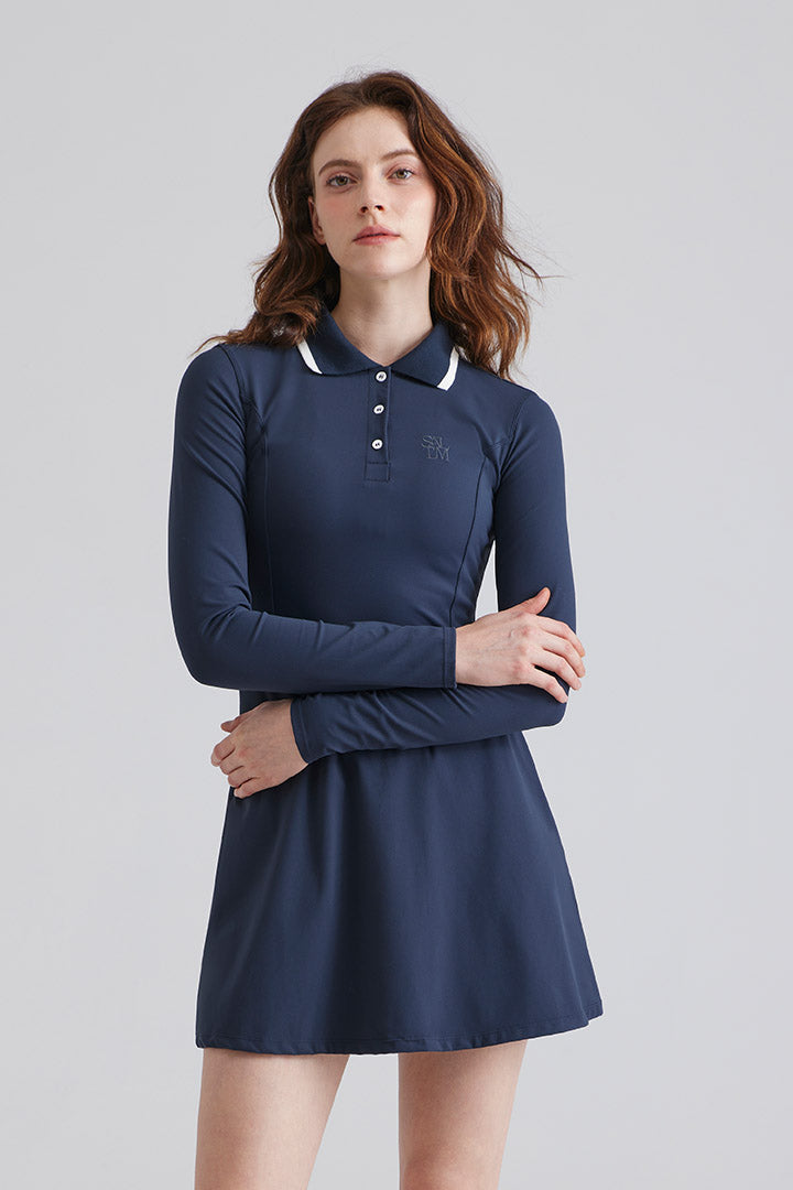 Woman navy blue golf tennis dress with white collar and buttons