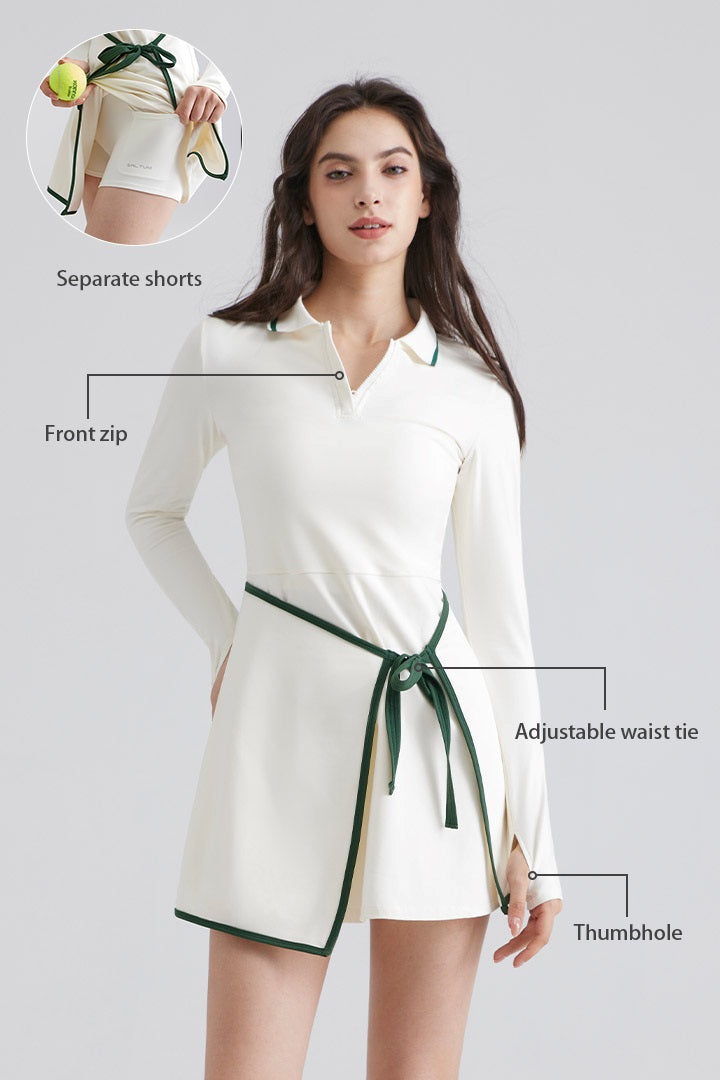 Woman wearing a white dress with green accents, labeled with features on a gray background