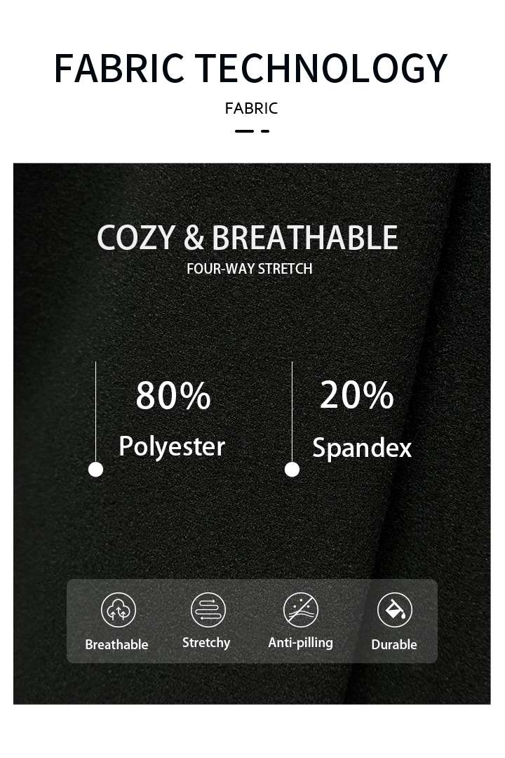 Fabric technology description with black fabric cozy breathable material.