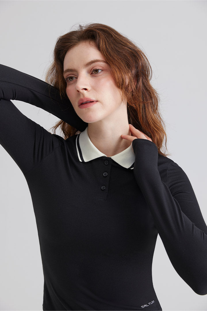 Woman black long-sleeve top with a white collar Polo Collar shirt